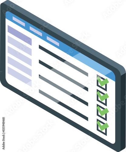 Isometric illustration of a checklist with tick marks on a modern blue background