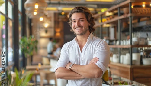 Fototapeta Naklejka Na Ścianę i Meble -  A handsome smiling businessman standing with his arms crossed in an office or coffee shop, or restaurant, exuding confidence and Confident Male Entrepreneur in Coffee Shop With Employee