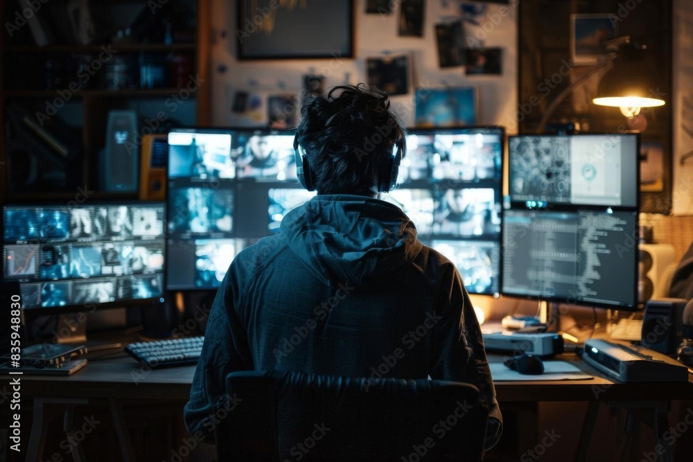 Person working late at night on computer screens, surrounded by multiple monitors showcasing various data and images in a dimly lit room. Person working late at night on computer screens, surrounded by multiple monitors showcasing various data and images in a dimly lit room.