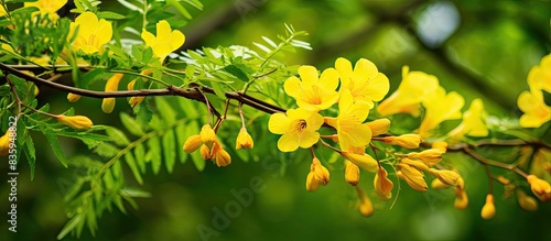 The blossoming acacia branch Yellow flowers of an acacia on a green vegetable background it is horizontal Caragana Fabaceae Family Caragana arborescens. Creative banner. Copyspace image photo