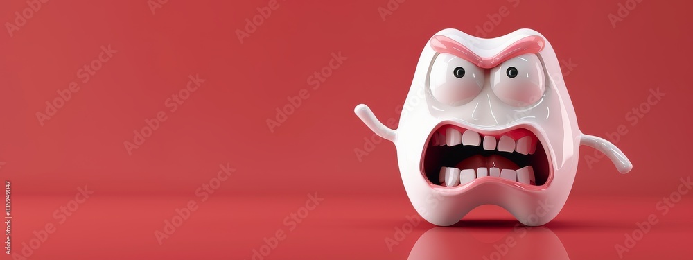 Angry tooth character, with copy space, banner for children's dentist. Toothache concept, pain. Angry tooth character, with copy space, banner for children's dentist. Toothache concept, pain.