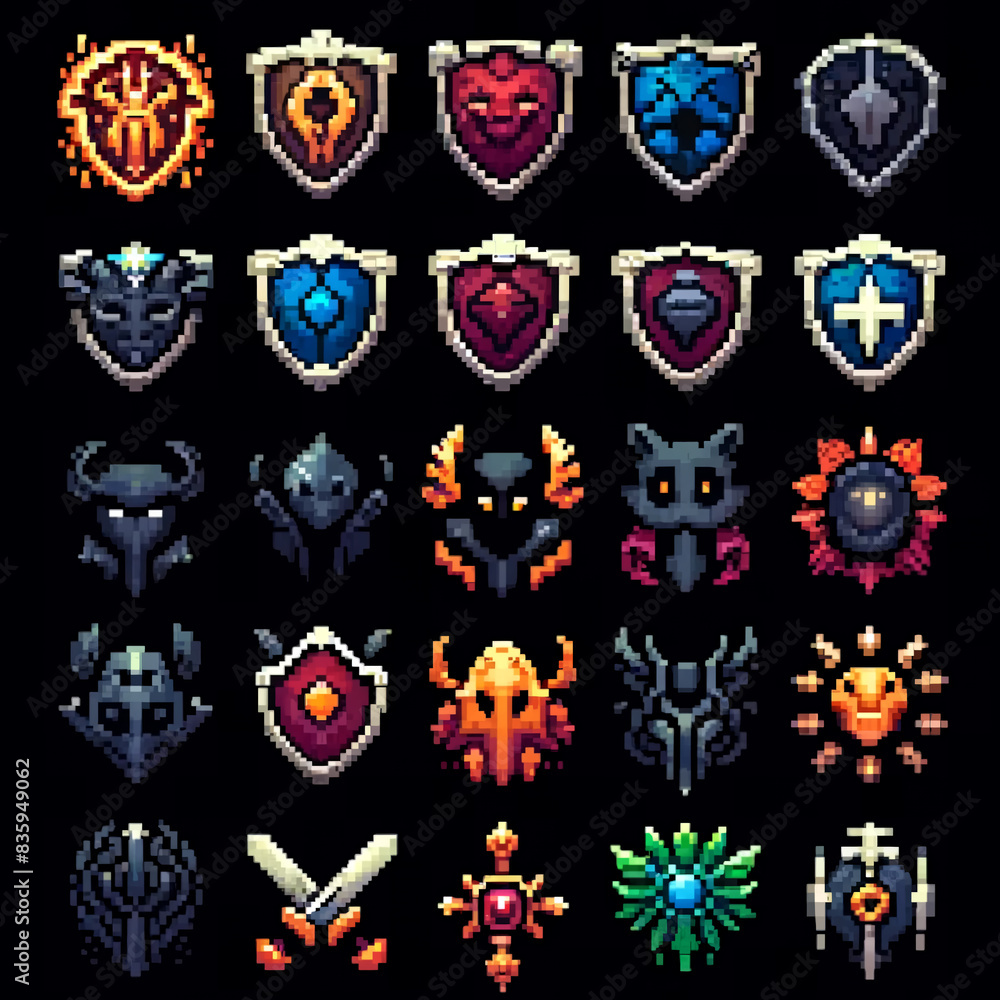 Pixel art RPG dark shields collection Pixel art RPG dark shields collection
