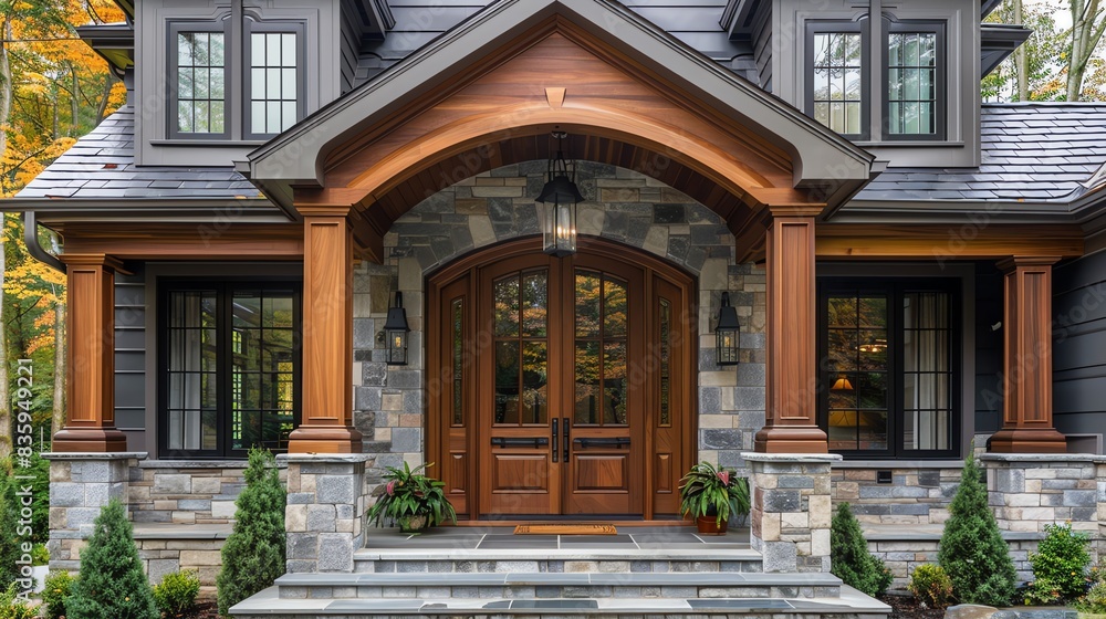Cozy front porch with wooden doors and stone steps. Cozy front porch with wooden doors and stone steps.