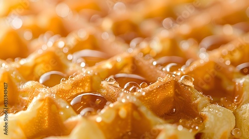 A closeup of the texture and pattern on waffles  showcasing their unique gridlike structure with visible crisp edges and golden brown hues.