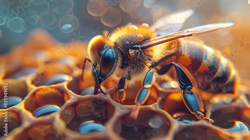 A closeup shot of an bee working on honeycomb, with blurred background of beehive and pastel bokeh lights. The focus is sharp on the worker's face.