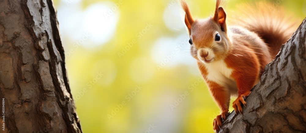 Russian squirrel at a tree looking to the camera. Creative banner. Copyspace image Russian squirrel at a tree looking to the camera. Creative banner. Copyspace image