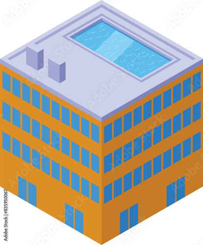 Colorful isometric illustration of a modern office building featuring a pool on the roof
