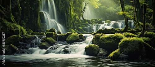 Slow motion waterfall running over moss river streaming through jungle between rocks slow shutterspeed photography. Creative banner. Copyspace image