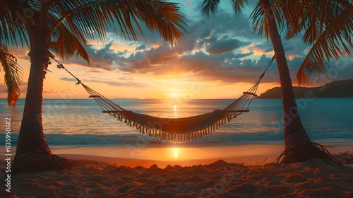 A hammock strung between two palm trees on the beach, sunset in the background. photo