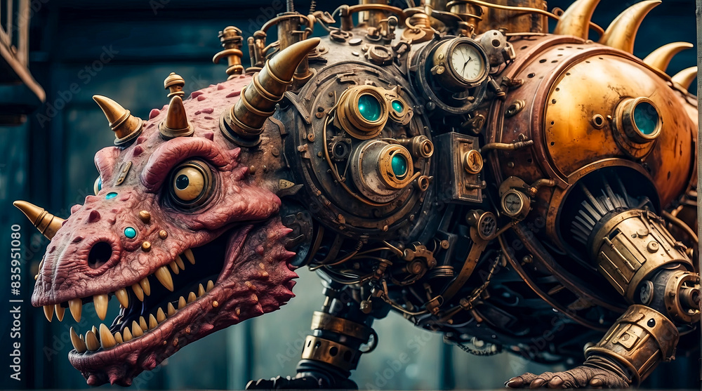 Steampunk style. Industrial mechanical monster made of metal and leather. Supernatural being. Steampunk style. Industrial mechanical monster made of metal and leather. Supernatural being.