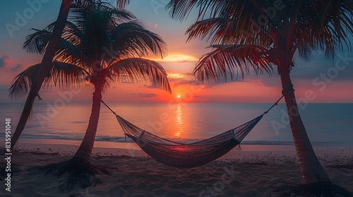 A hammock strung between two palm trees on the beach  sunset in the background.