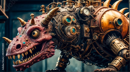 Steampunk style. Industrial mechanical monster made of metal and leather. Supernatural being.