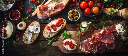 Bread Brushetta or authentic traditional spanish tapas set for lunch table Sharing antipasti on party or summer picnic time over wooden rustic background. Creative banner. Copyspace image