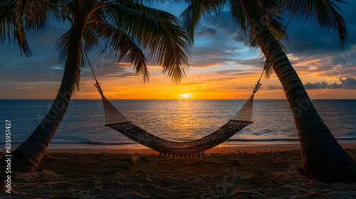 A hammock strung between two palm trees on the beach, sunset in the background.
