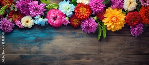 Composition of bright flowers on a wooden table. Creative banner. Copyspace image