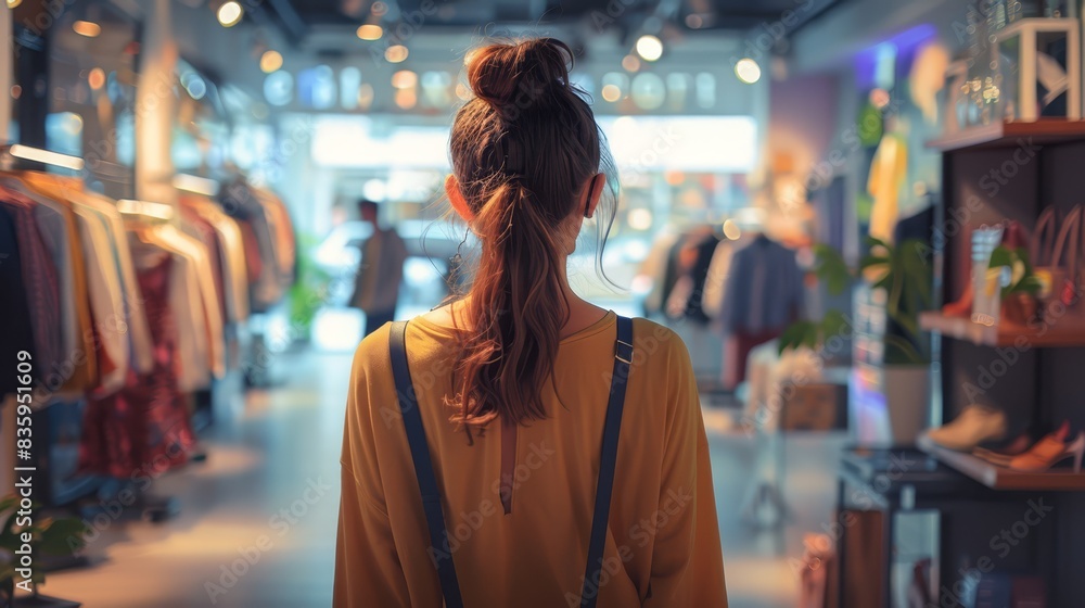 Young woman shopping at clothing store with stylish outfits Young woman shopping at clothing store with stylish outfits