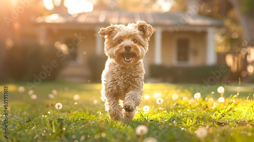A happy and playful cavoodle puppy running through the lush green grass in front of an idyllic house, with dandelions and flowers blooming around it. photo