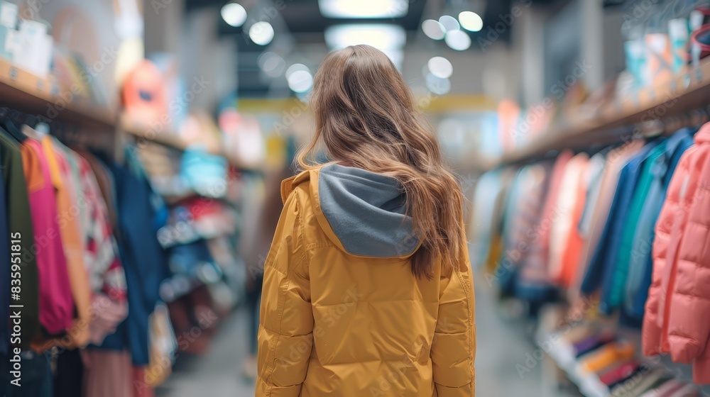 Young woman shopping at clothing store with stylish outfits