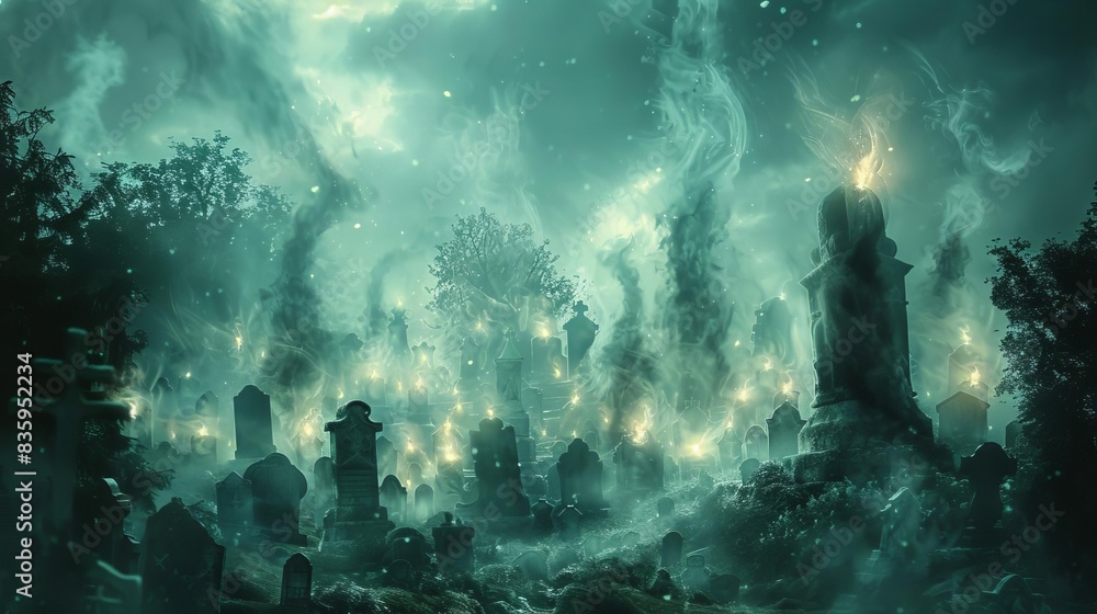Graveyard with glowing spirits, Fantasy, Dark and ethereal colors, Digital art, Creating a mystical and eerie atmosphere Graveyard with glowing spirits, Fantasy, Dark and ethereal colors, Digital art, Creating a mystical and eerie atmosphere