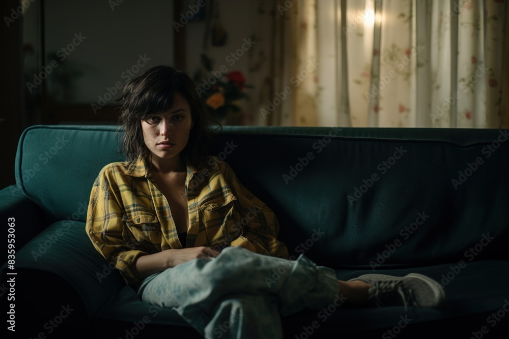 A woman is sitting on a couch in a yellow shirt A woman is sitting on a couch in a yellow shirt