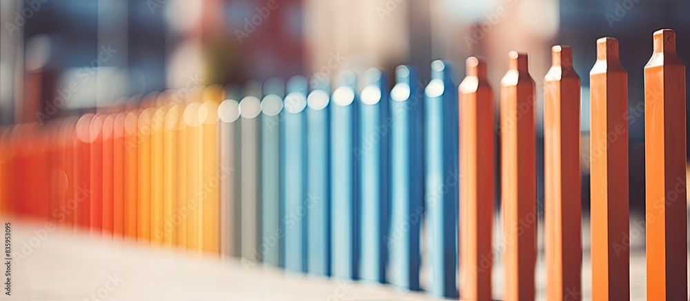 New fence made of painted metal rods with concrete posts The background is blurred. Creative banner. Copyspace image New fence made of painted metal rods with concrete posts The background is blurred. Creative banner. Copyspace image