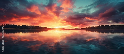 Beutyful dramatic sunset sky with reflection on the lake. Creative banner. Copyspace image