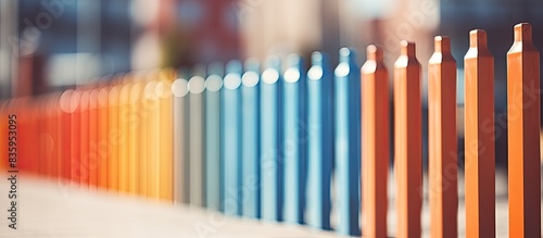 New fence made of painted metal rods with concrete posts The background is blurred. Creative banner. Copyspace image