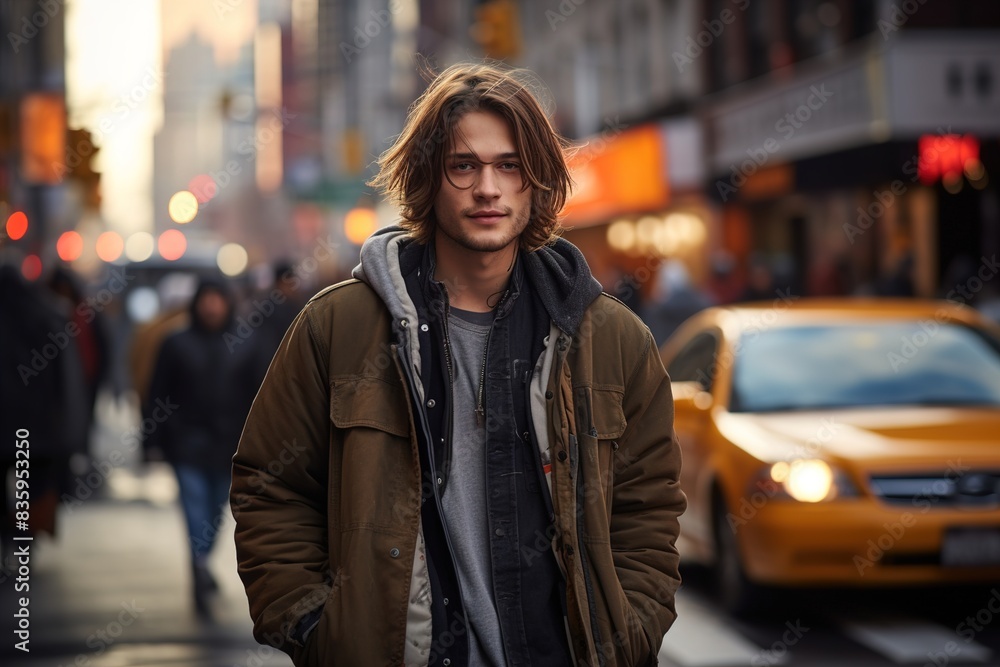 A young man wearing a brown coat and glasses stands on a city street A young man wearing a brown coat and glasses stands on a city street