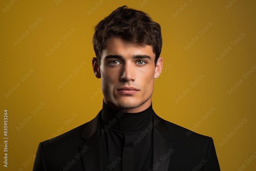 Fototapeta premium A man in a black suit and tie is standing in front of a yellow background