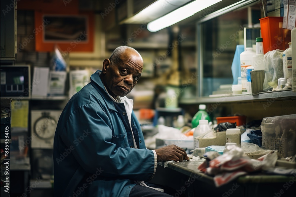 A man in a blue jacket is sitting at a table in a lab A man in a blue jacket is sitting at a table in a lab