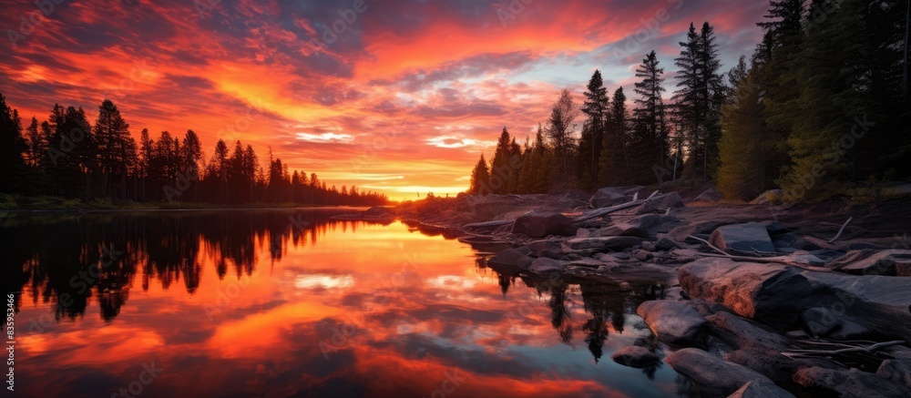 Fototapeta premium sunset at river. Creative banner. Copyspace image