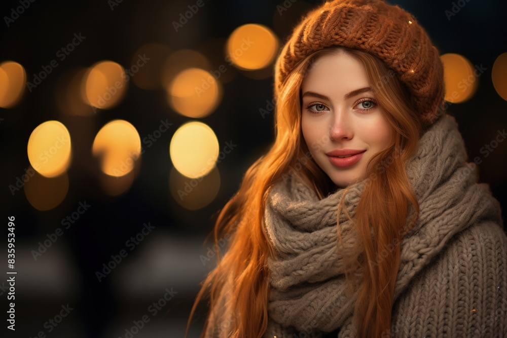 A woman with red hair and a brown hat is smiling at the camera A woman with red hair and a brown hat is smiling at the camera