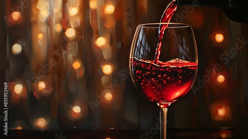 A red wine is being poured into an elegant glass, with the background showing a dark curtain and lights in soft focus.
