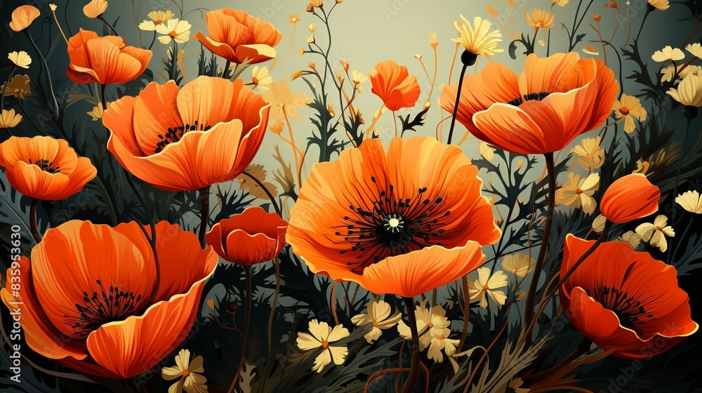 Pollen-covered stamen of a blooming flower, attracting bees and butterflies with its sweet nectar and vibrant colors. Painting Illustration style, Minimal and Simple,