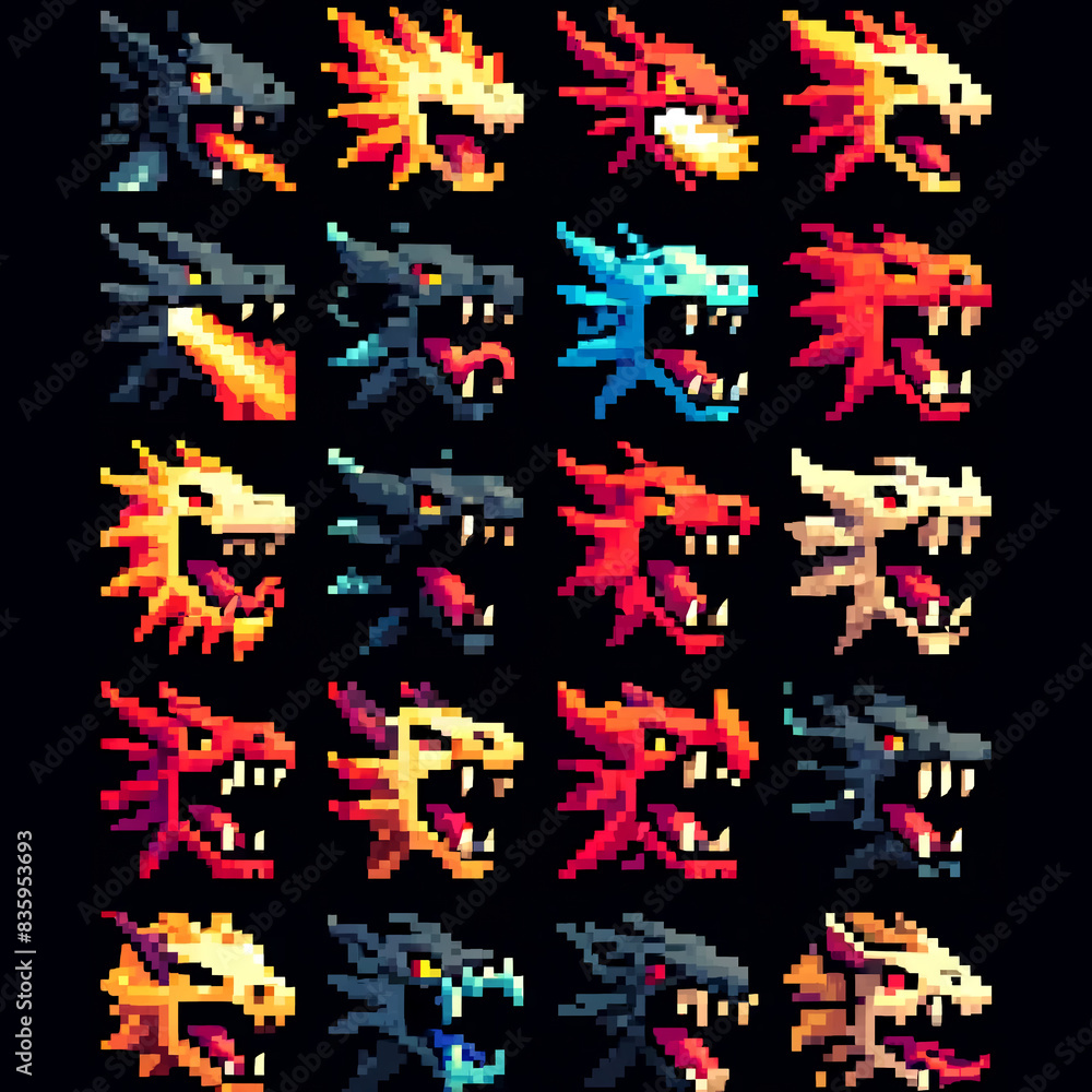 Pixel Art Fire Dragon Fangs Icons for RPG Pixel Art Fire Dragon Fangs Icons for RPG