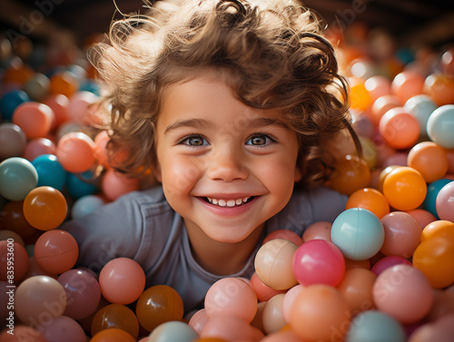 A happy child plays in a huge number of balls.