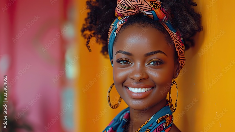 Fototapeta premium makeup beauty and scarf with smile and black woman in studio for creative art and culture fashion cosmetics and natural with face of model isolated on pink background for african .hight relustion