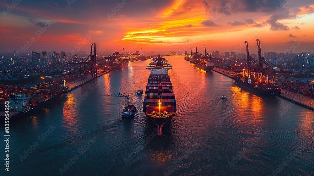 logistics and transportation of container cargo ship and cargo plane with working crane bridge in shipyard at sunrise logistic import export .stock illustration logistics and transportation of container cargo ship and cargo plane with working crane bridge in shipyard at sunrise logistic import export .stock illustration