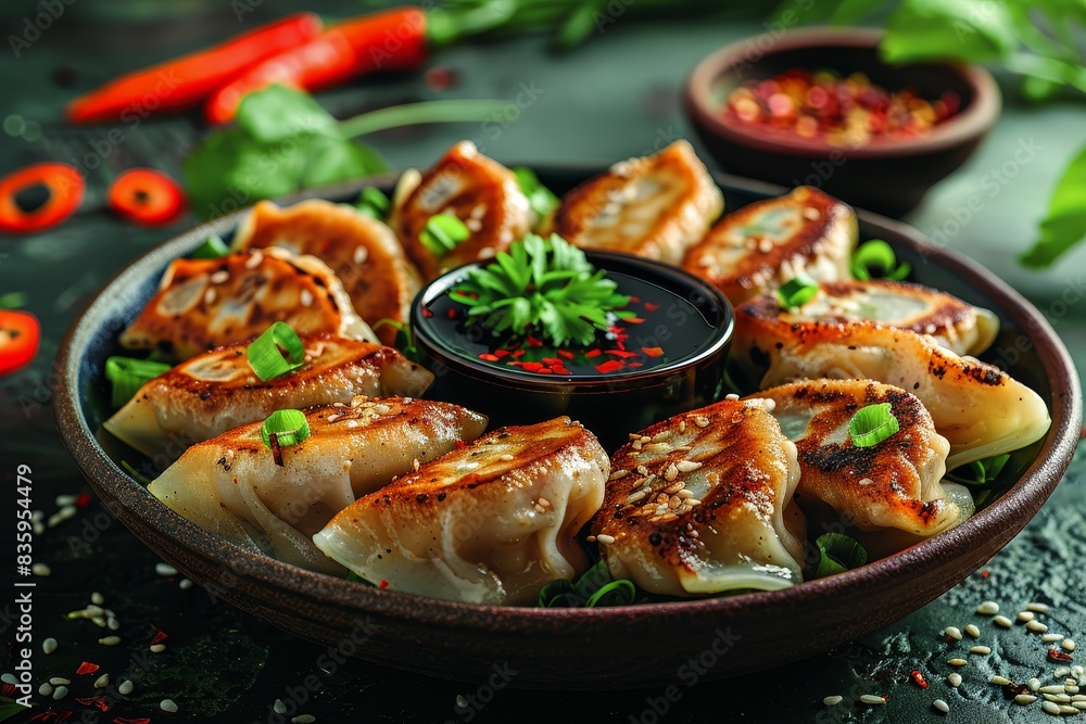 Gyoza - Japanese dumplings filled with meat and vegetables, served with dipping sauce. Gyoza - Japanese dumplings filled with meat and vegetables, served with dipping sauce.
