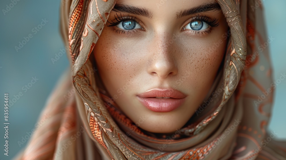 hijab fashion muslim woman beauty and skincare makeup and aesthetic cosmetics on studio background islamic religion brown scarf and face headshot of young saudi arabia girl culture .stock photo