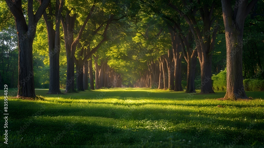 Fototapeta premium A serene park with rows of tall trees and lush green grass, leading to an empty path under the dappled sunlight.