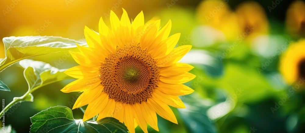 Fototapeta premium Closeup of a beautiful yellow sunflower on a green nature background and on a sunny day macro. Creative banner. Copyspace image