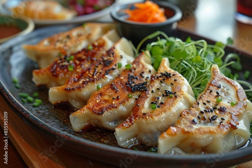 Gyoza - Japanese dumplings filled with meat and vegetables, served with dipping sauce.