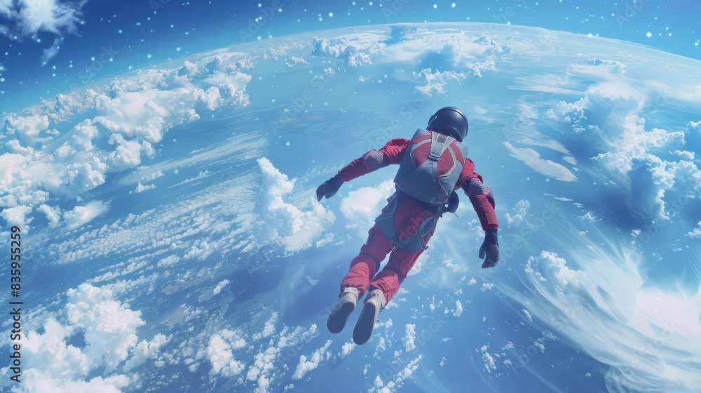 A man in a red jumpsuit is flying through the sky. The sky is filled with clouds and the man is surrounded by them. Concept of freedom and adventure A man in a red jumpsuit is flying through the sky. The sky is filled with clouds and the man is surrounded by them. Concept of freedom and adventure