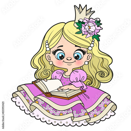 Cute cartoon longhaired princess girl read a book color variation on white background