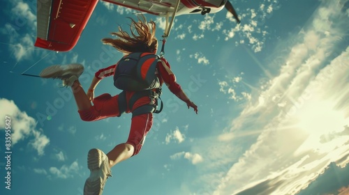 A woman is jumping out of a plane with a parachute. The sky is blue and there are clouds in the background