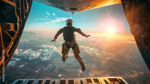 A man in a parachute jumps out of an airplane. The sky is blue and the sun is setting