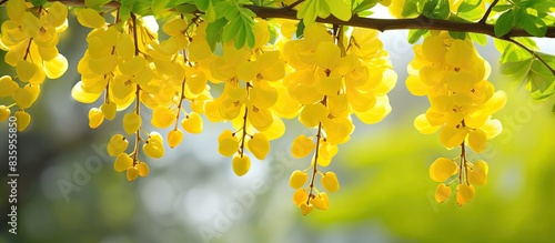 In spring an ornamental laburnum bush blooms in nature. Creative banner. Copyspace image