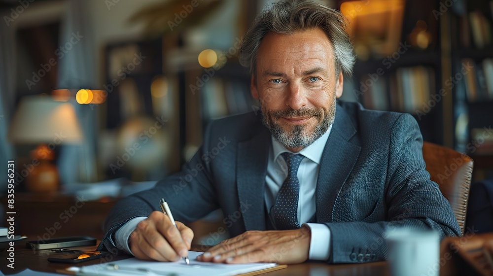 Fototapeta premium happy mid aged professional business man executive ceo or lawyer wearing suit sitting at desk signing legal contract document putting written signature authorizing corporate .stock photo
