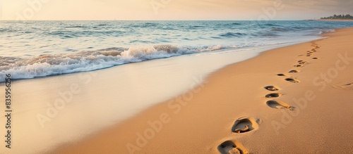 Fototapeta Naklejka Na Ścianę i Meble -  Footprints in the sand on a beach. Creative banner. Copyspace image